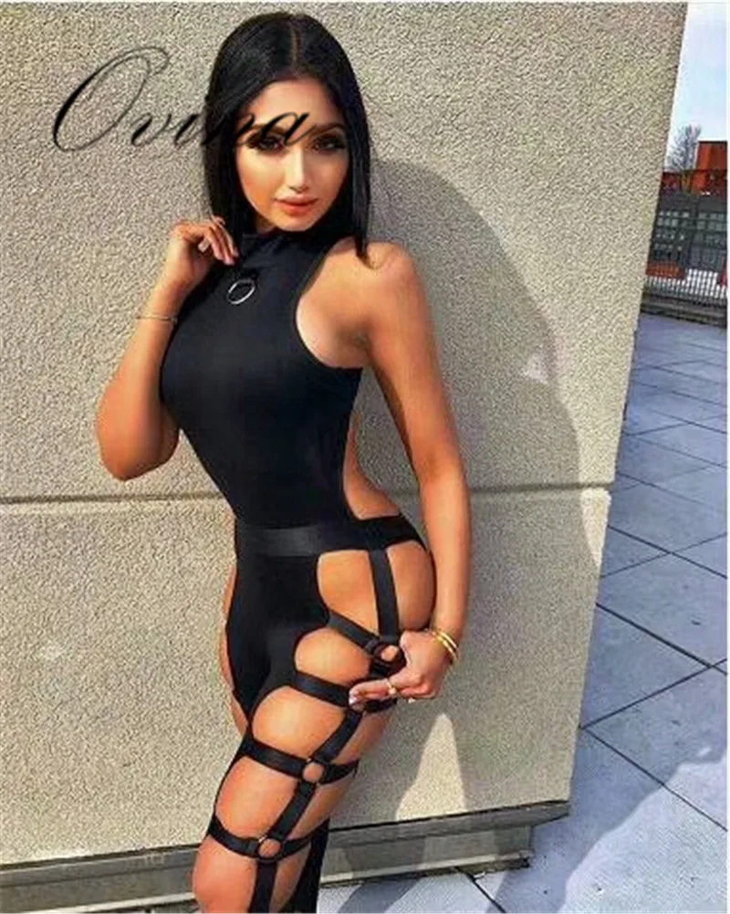 New Arrival Black Celebrity Tanks Hollow Out Side Bodycon Bandage Jumpsuit Women Rompers