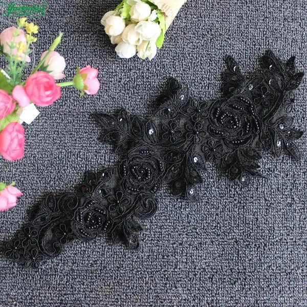 Black Bead Свадебные кружевной узор цветок планки 6 шт./лот аппликация из пайеток Золотое свадебное платье с поясом, Diy аксессуары 38 см* 14 см - Цвет: Black Bead