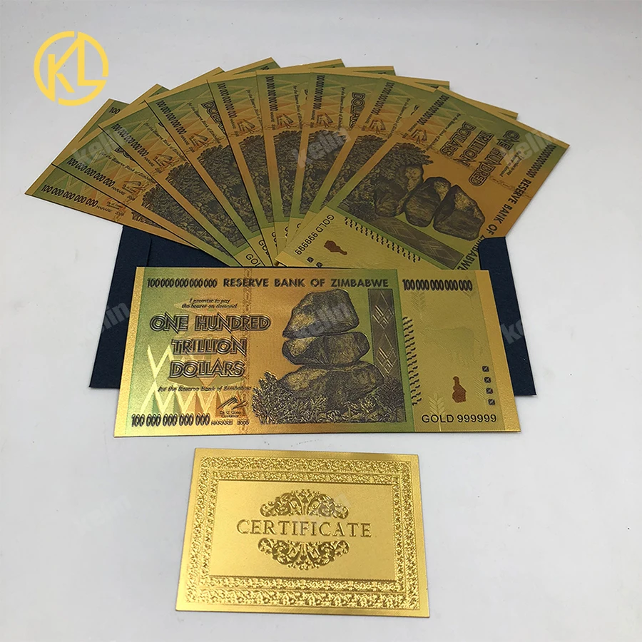 

10pcs/lot Value Collectable Souvenir Banknotes Zimbabwe Colorful Gold Banknote One Hundred Trillion Dollar Souvenir Gifts