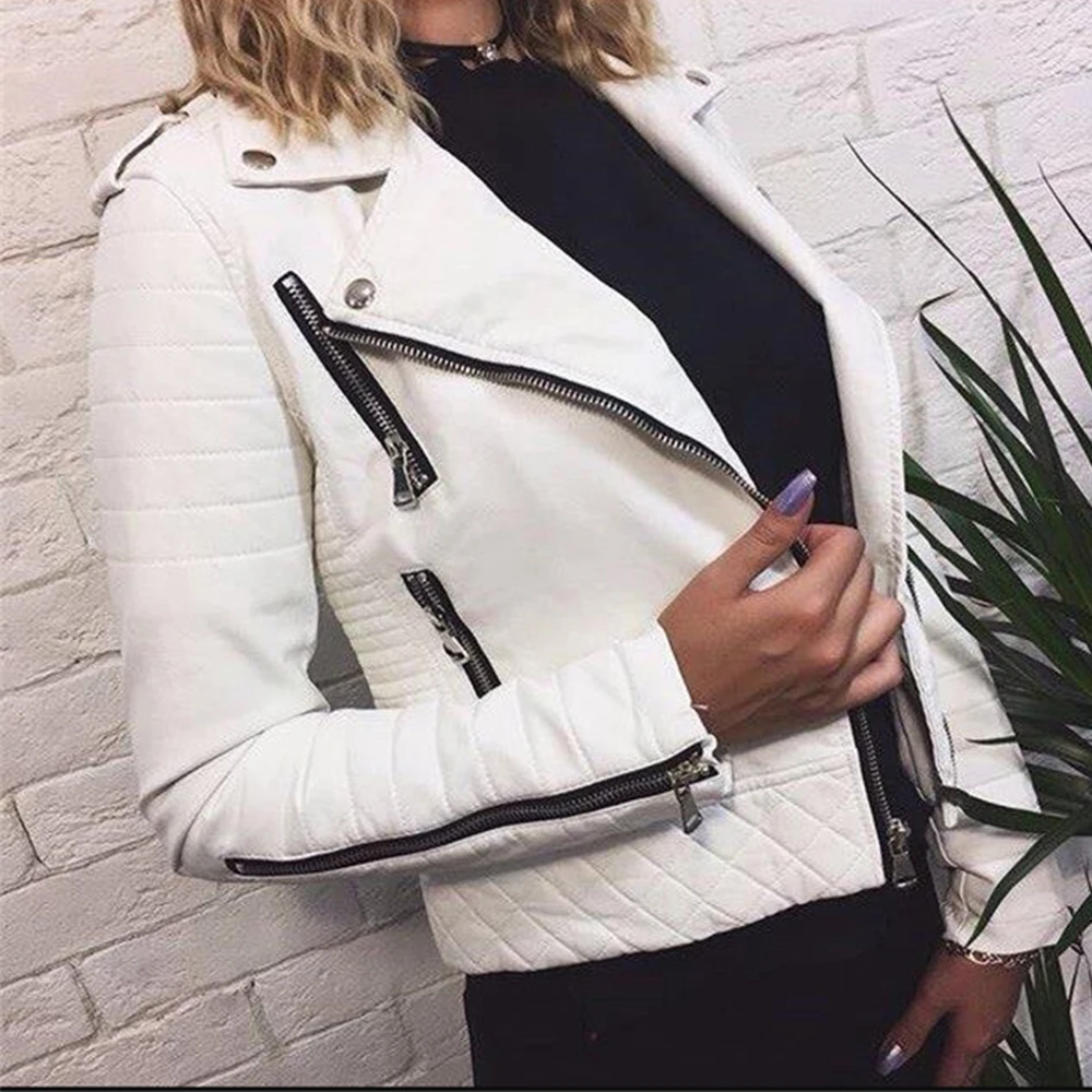 

Women's Leather Jacket Motorcycle Autumn Long Sleeve Zipper Soft Faux Leather Jackets White Ladies Female Coats Outerwear