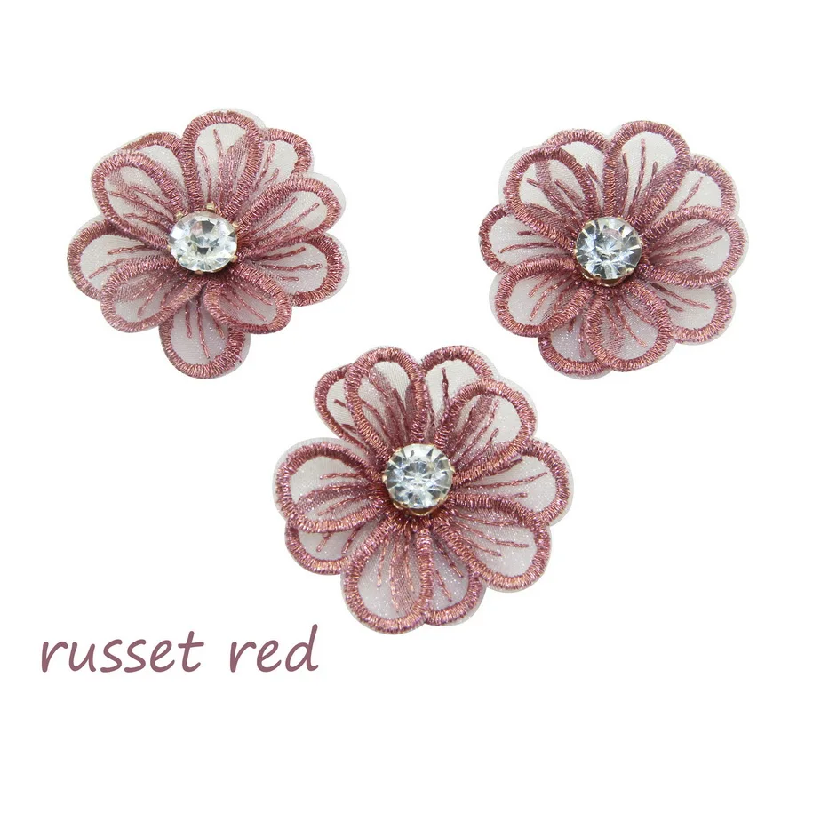 russet red 12 шт./пакет 4 см Искусственный цветок горный хрусталь вышивка цветок женская головная повязка DIY Поставки невесты украшение букетов домашнее - Цвет: russet red