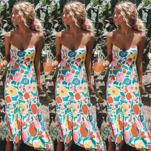 Women Ladies Dress Boho Sexy Floral Long Dresses Sleeveless Backless Waist Party Beach Maxidress Sundress Plus Size | Женская одежда