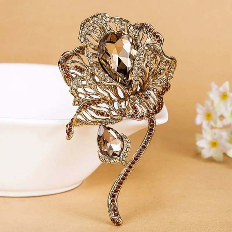 antique gold peach Zlxgirl роскошный бренд цветок из австрийского горного хрусталя броши ювелирные изделия для женщин вечерние подарки модные женские одежда больших размеров брошь - Окраска металла: antique gold peach