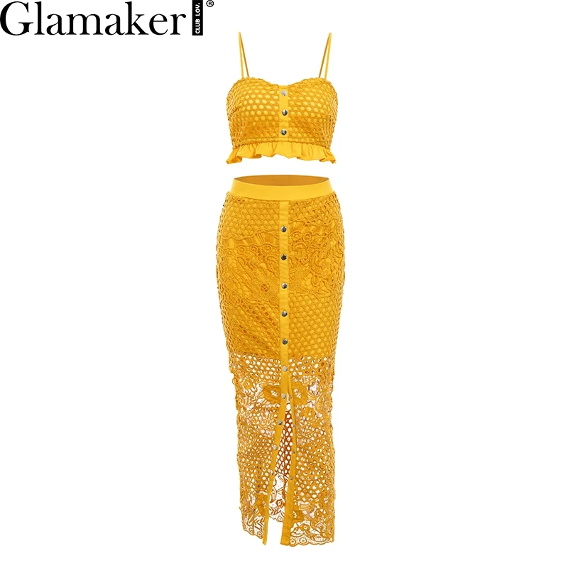 Цвет: желтый Glamaker, Сексуальное желтое длинное платье, женское, белое, с рюшами, из двух частей, облегающее макси платье, с разрезом, кружевное, Осеннее, праздничное, элегантное - Цвет: Цвет: желтый