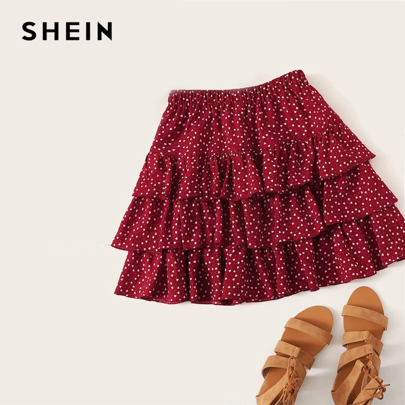 SHEIN бордовая многослойная юбка выше колена с принтом в виде сердца, женская летняя элегантная повседневная однотонная Бархатная мини-юбка со средней талией