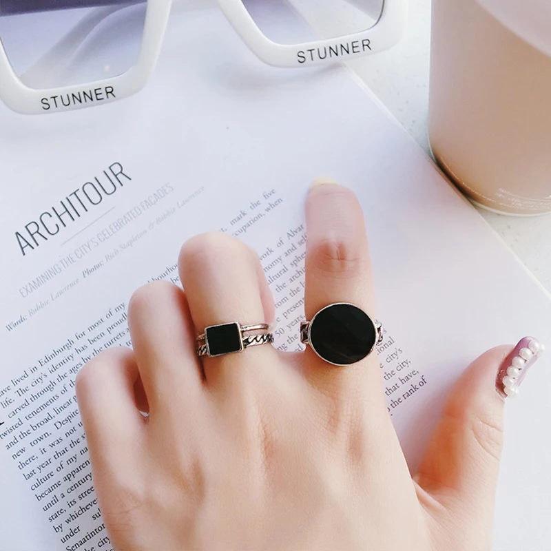 Япония и Корея модное круглое геометрическое кольцо с двойной цепочкой черное