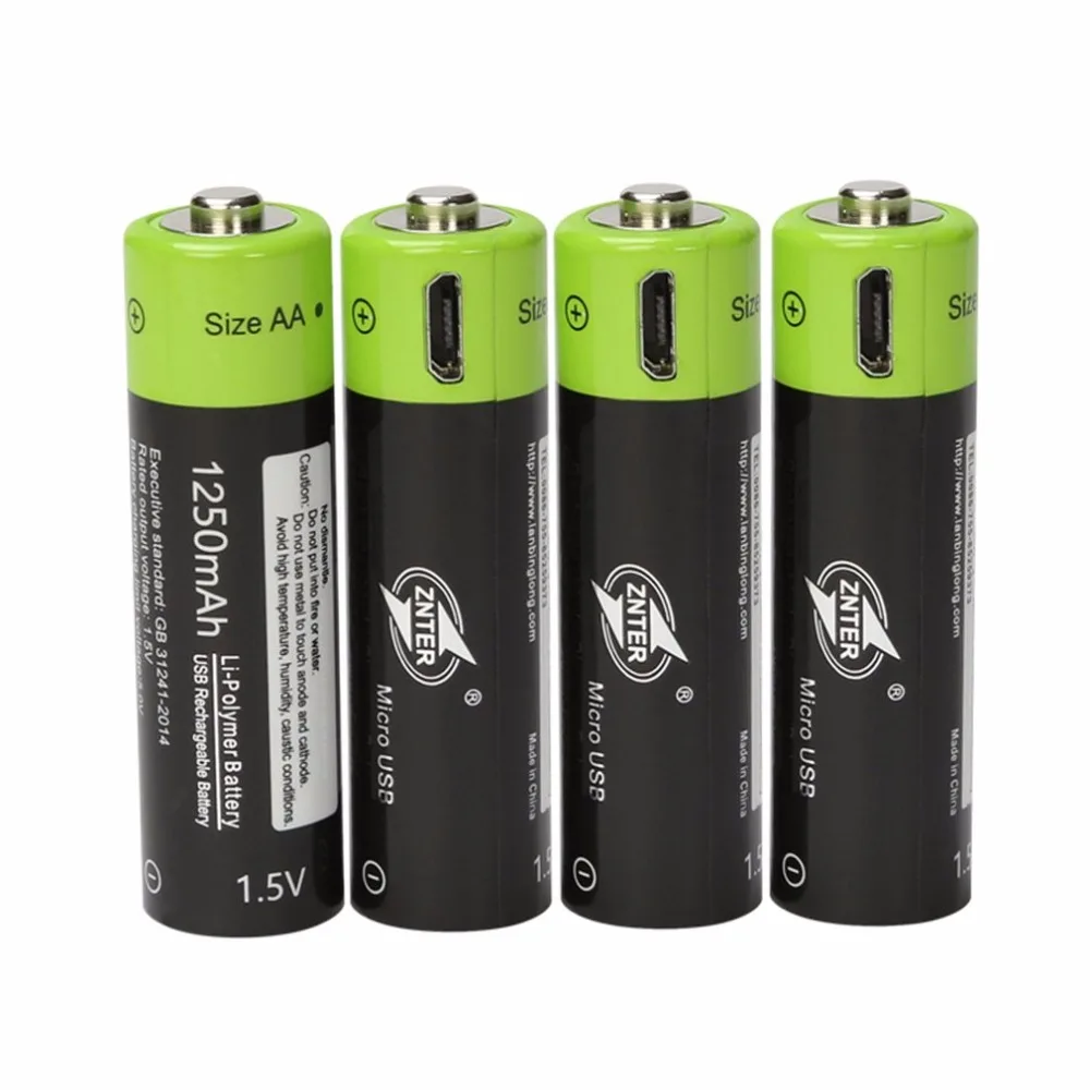 ZNTER 4pcs USB Rechargeable Battery Universal AA 1.5V 1250mAh Lithium Polymer Batteries Charged by Micro Cable | Электроника