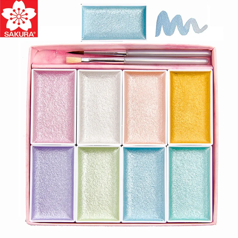 8 шт. Sakura Pearl набор однотонных акварельных красок с 2 кистями включая Золотой