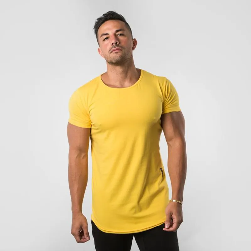 Цвет: желтый Новинка ALPHALETE летние мужские тренажерные залы с коротким рукавом футболка для фитнеса бодибилдинга тонкие рубашки модные хлопковые футболки для отдыха - Цвет: Цвет: желтый