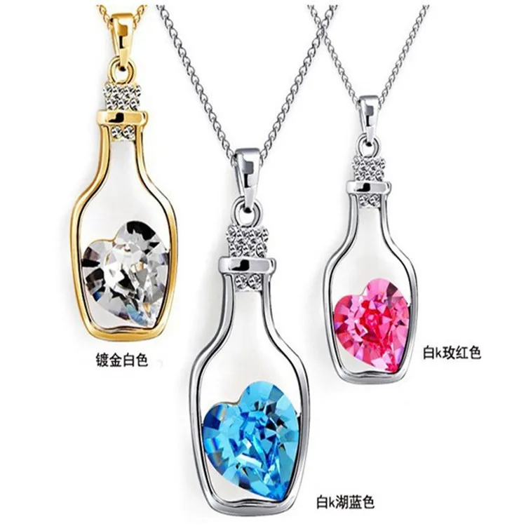 

Creative Women Fashion Necklace Ladies Popular Style Love Drift Bottles Pendant Necklace Heart Crystal Pendant Necklace
