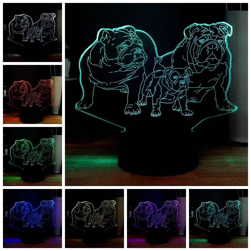 Новый акриловый 3D Животный милый три мопса семейная иллюзия 7 цветов