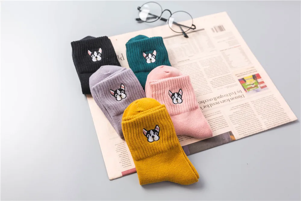 CHAOZHU Women Cute French Bulldog Embroidery Grey Green Pink Black Yellow Five Colors Cotton Knitting Winter Autumn Warm Socks