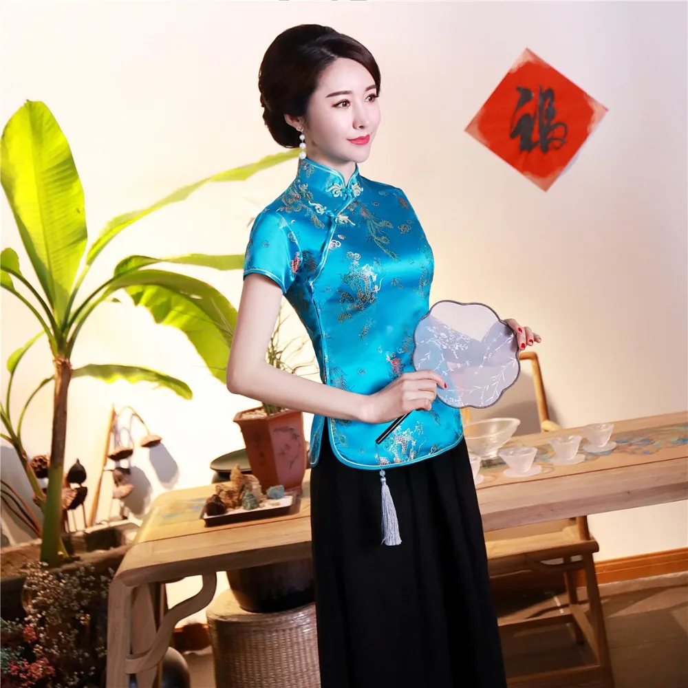 Шанхай история короткие Cheongsam Топ Традиционный китайский искусственный шелк/Атласный топ Дракон и Феникс Вышивка Блузка Топ Qipao рубашка