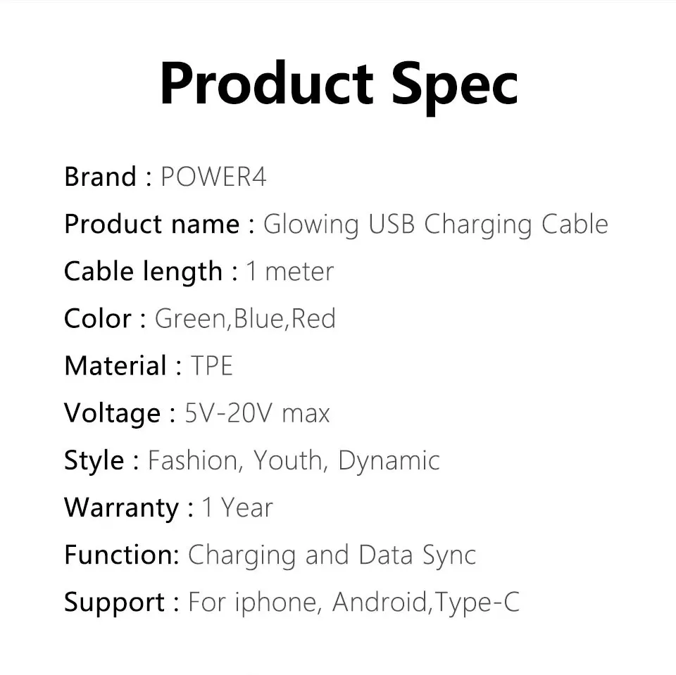 Power4 светодиодное освещение USB кабели для Lightning/Micro/usb type C зарядный шнуры для iPhone LG Nokia samsung huawei Xiaomi