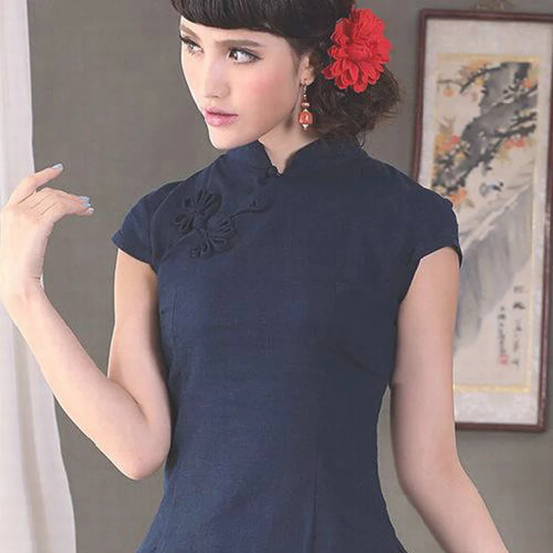 Торговля цветочный принт короткий рукав Тан костюм женский топ Cheongsam одежда летний китайский стиль хлопок кофточка Ципао S-XL - Цвет: Black