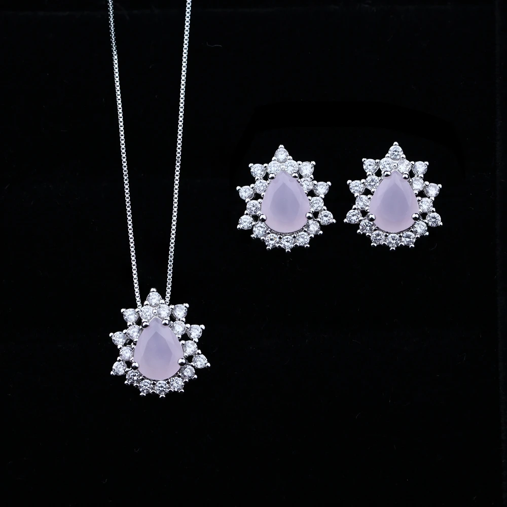 Elegant Milky Pink Jewelry Set Cubic Zirconias Water Drop Pendant Necklace &amp Stud Earrings for Women Fashion JWX015 | Украшения и