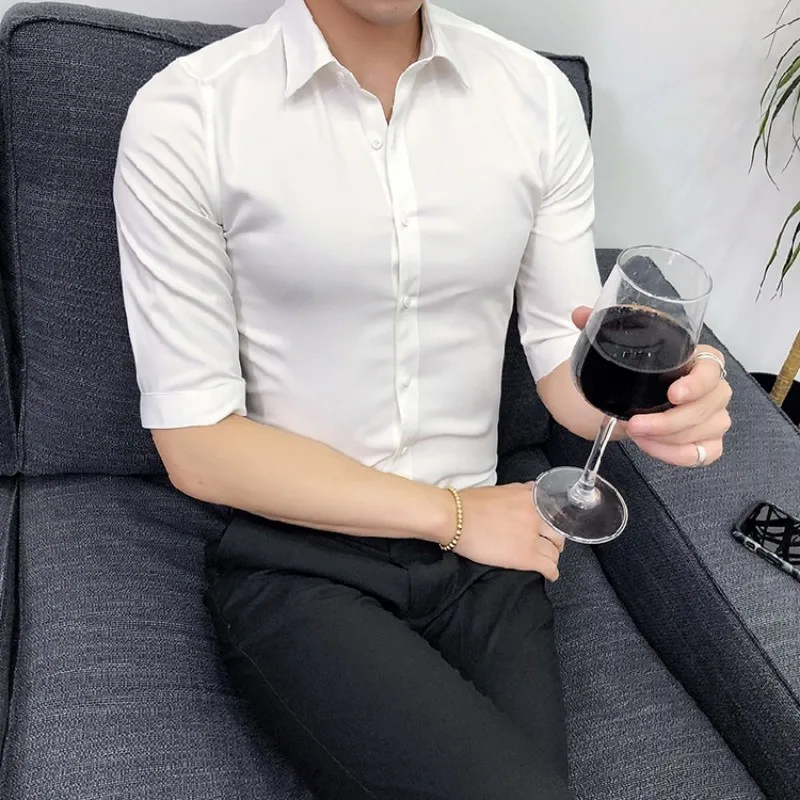 Мужская рубашка облегающая однотонная в английском стиле с коротким рукавом 2019 |