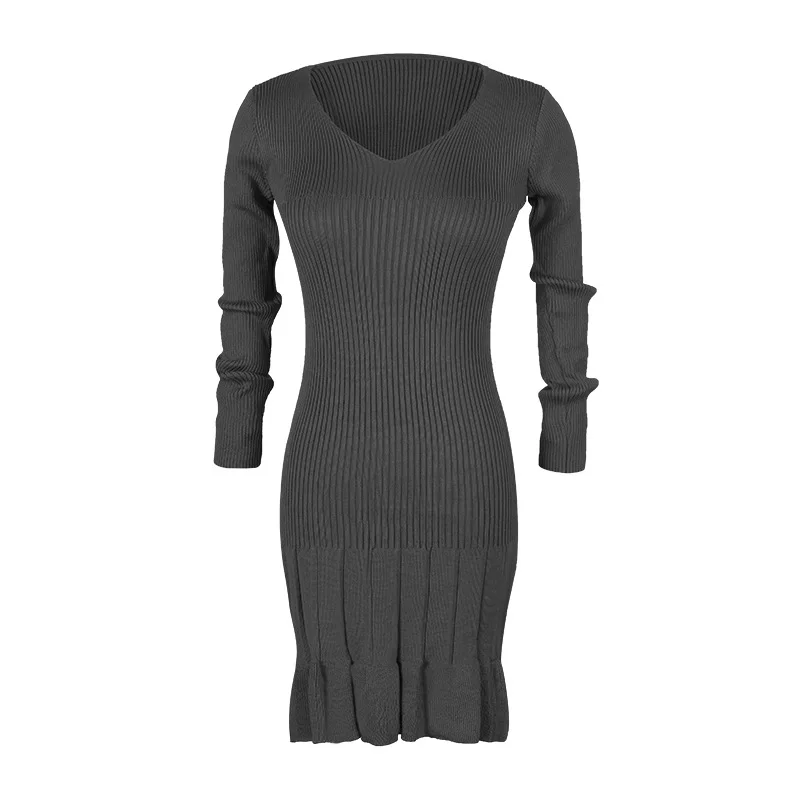 Женское платье v-образным вырезом Длинные рукава низ плиссе на высокой стрейч