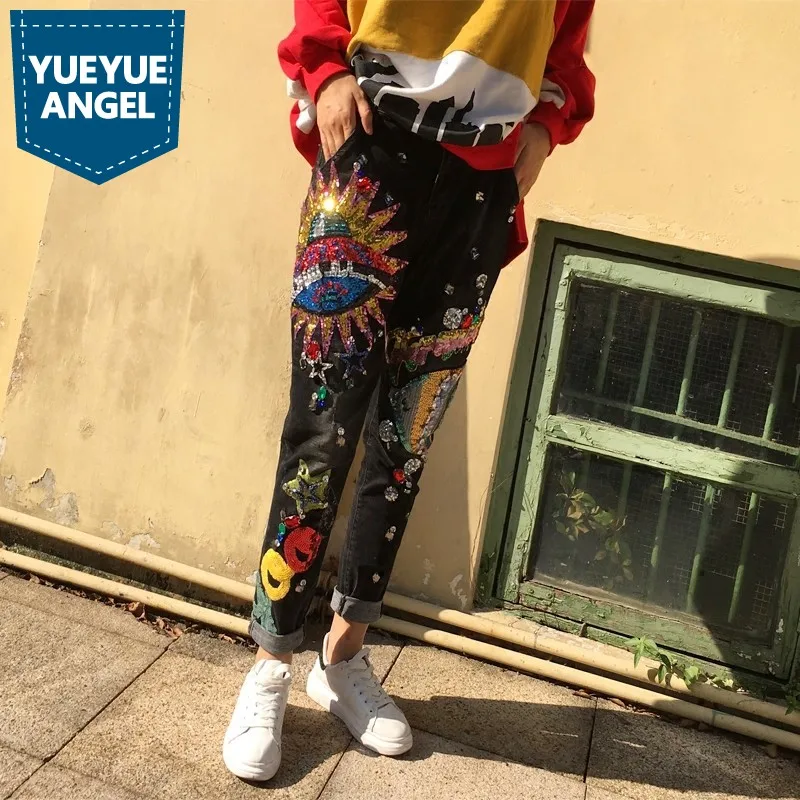 Свободный низ с блестками джинсы для женщин повседневные штаны шаровары