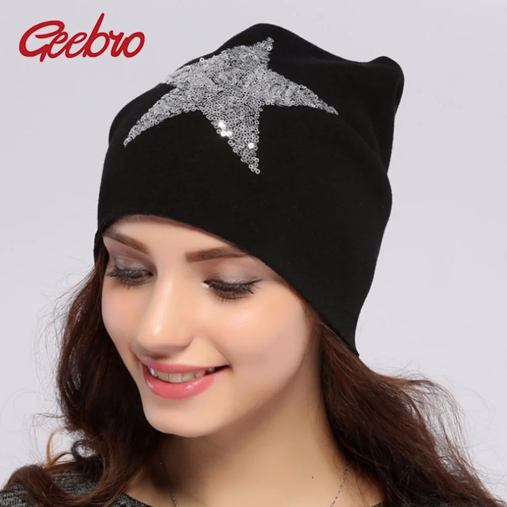 

Geebro Women's Star Sequins Beanies Hat Spring Plain Knit Cotton Slouchy Beanie For Women Skull Cap Balaclava Hats for Ladies