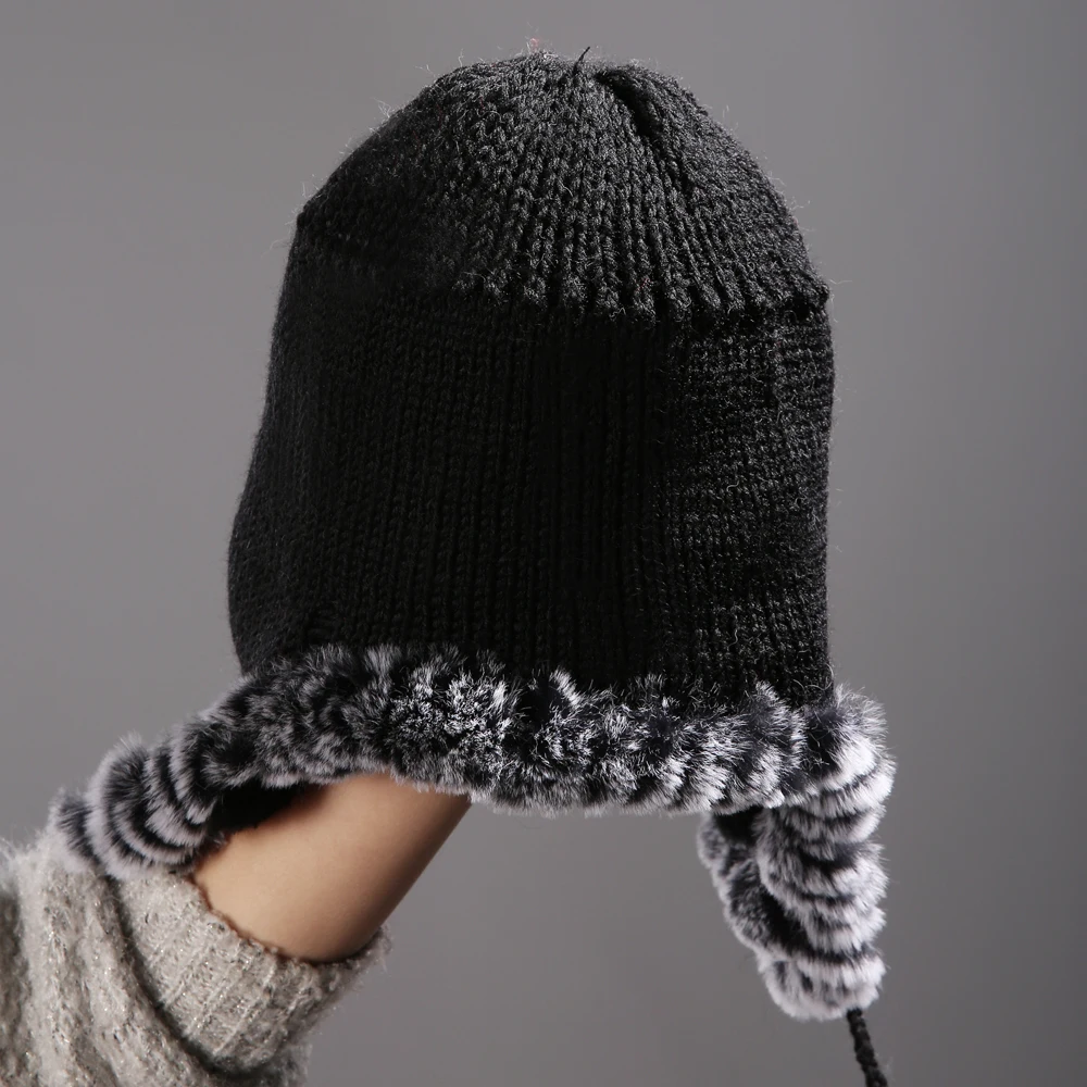 Новинка Роскошные женские зимние ботинки Настоящий мех кролика головные уборы