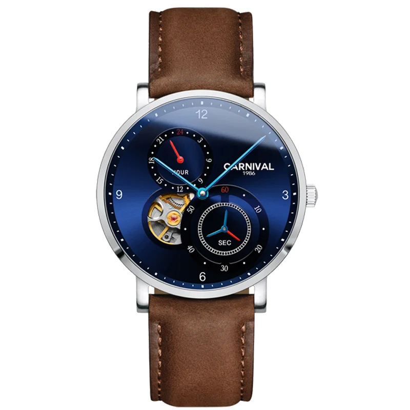 Brown leather Карнавальные Автоматические Мужские часы с голубой иглой и маленьким циферблатом 24 часа, модные механические часы с турбийоном, Montre homme - Цвет: Brown leather