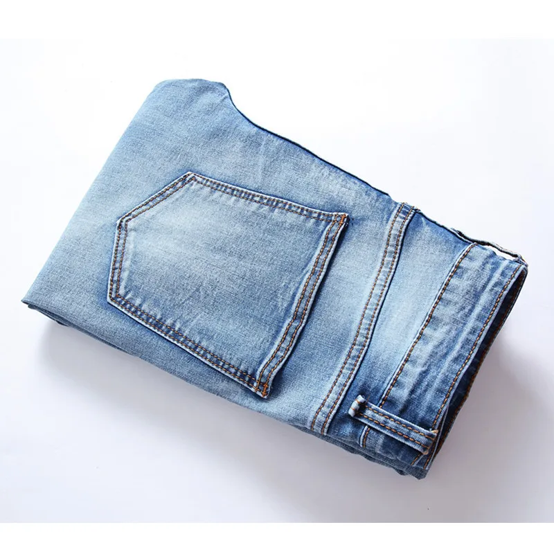 European New Mens Skinny High Jeans Slim Fold Men Brand Designer Denim Pants Super Luxury Light Blue Locomotive Male | Мужская одежда