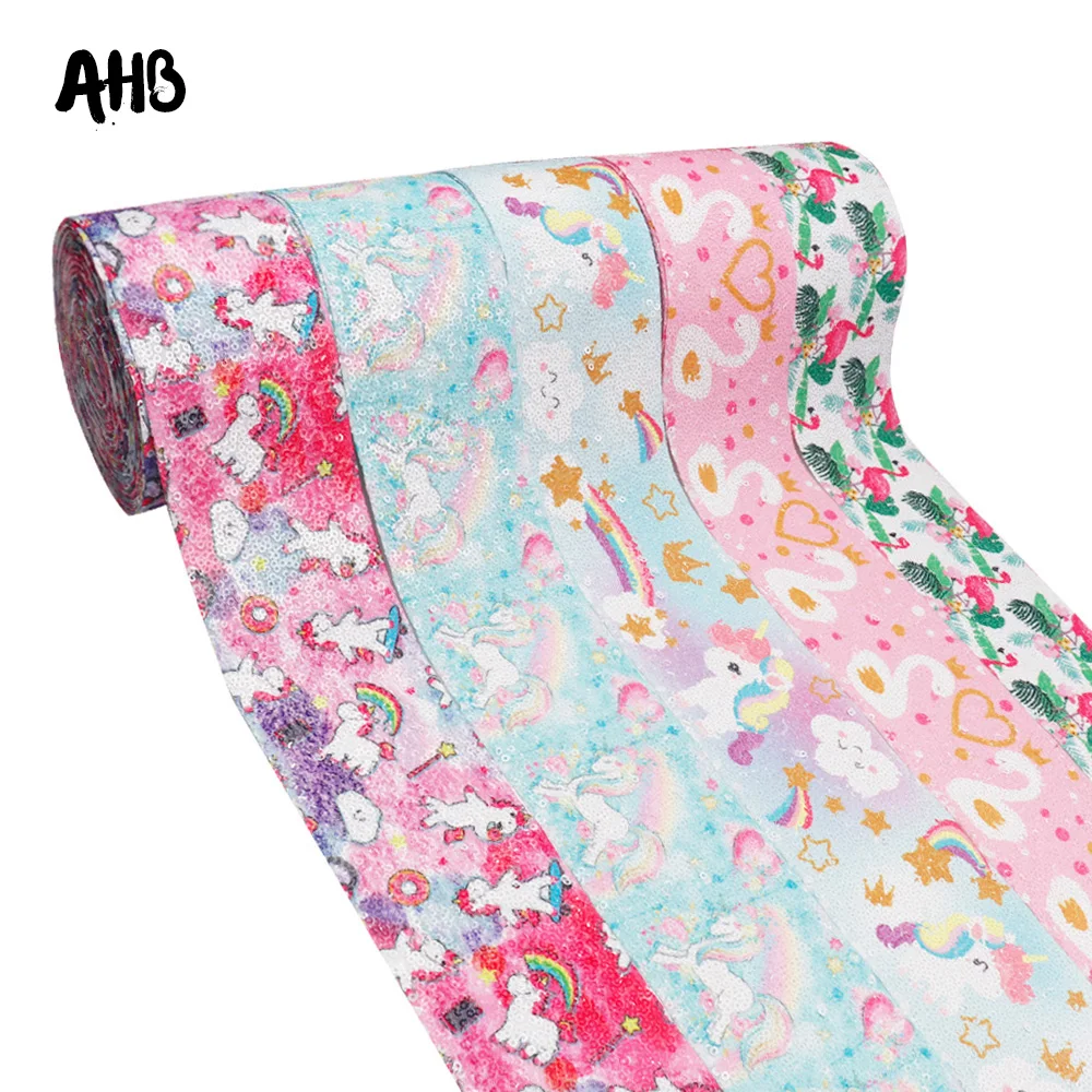 

AHB 75 мм лента с принтом блесток лебедь единорог печатные ленты для бантов DIY аксессуары для волос украшение ручной работы ленты для рукодели...