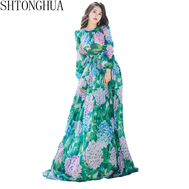 Женское длинное пляжное платье SHTONGHUA подиумное шифоновое с длинным рукавом и