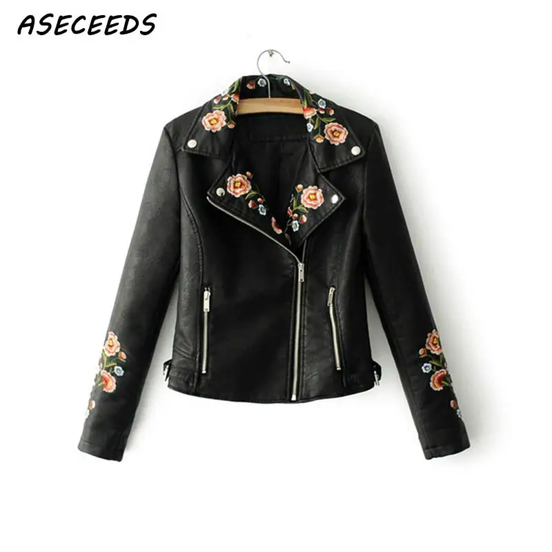 Осень 2018 куртка из искусственной кожи с цветочной вышивкой женская черная