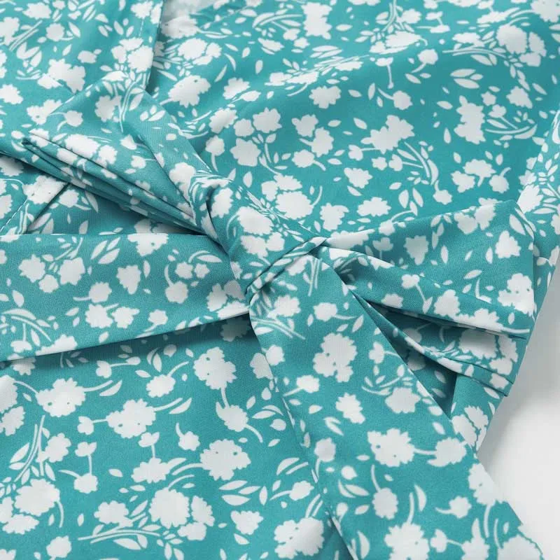 Элегантное летнее женское платье с принтом v образный вырез оборки саше длинное