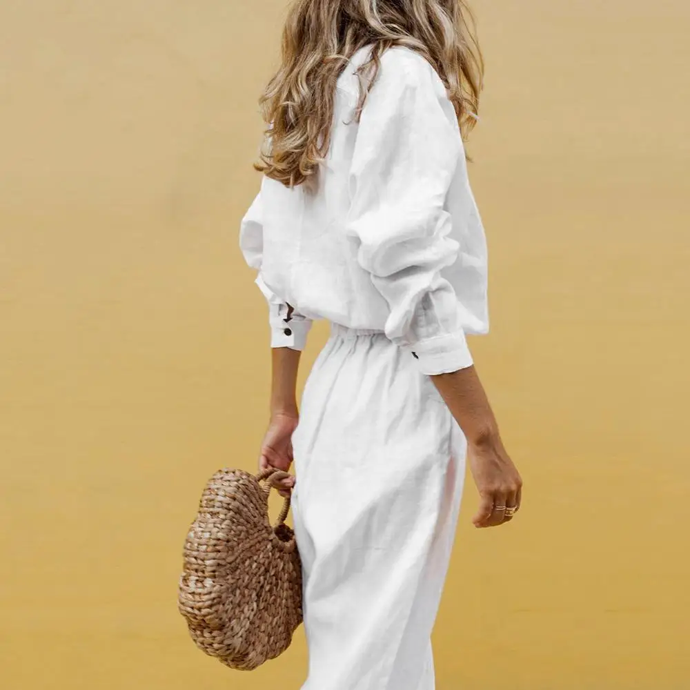 Женский костюм тонкий хлопковый топ с длинным рукавом и карманами на кнопках