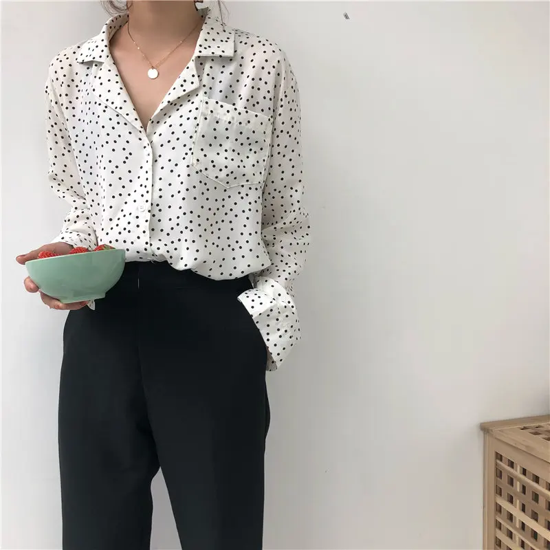 

Hzirip Fresh Female Stylish Summer Turn Down Collar Single Breasted Casual Loose All-Match Polka Dots Simple Elegant Sweet Shirt