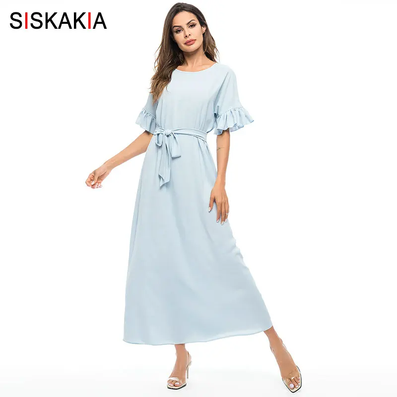 Женское офисное платье Siskakia длинное однотонное с оборками и коротким рукавом