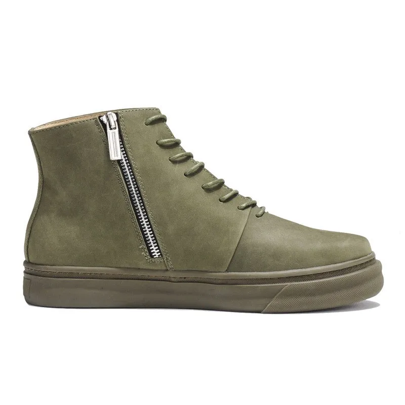 army green zipper Мужские байкерские ботильоны из коровьей замши в британском ретро-стиле; модная повседневная обувь с высоким берцем на платформе с круглым носком; защитные ботинки - Цвет: army green zipper