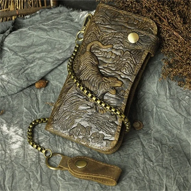 Light brown tiger Кошелек для мужчин, натуральная кожа, дракон, Воловья кожа, сумка для карт, кошелек, сумка на цепочке, мужская сумка - Цвет: Light brown tiger