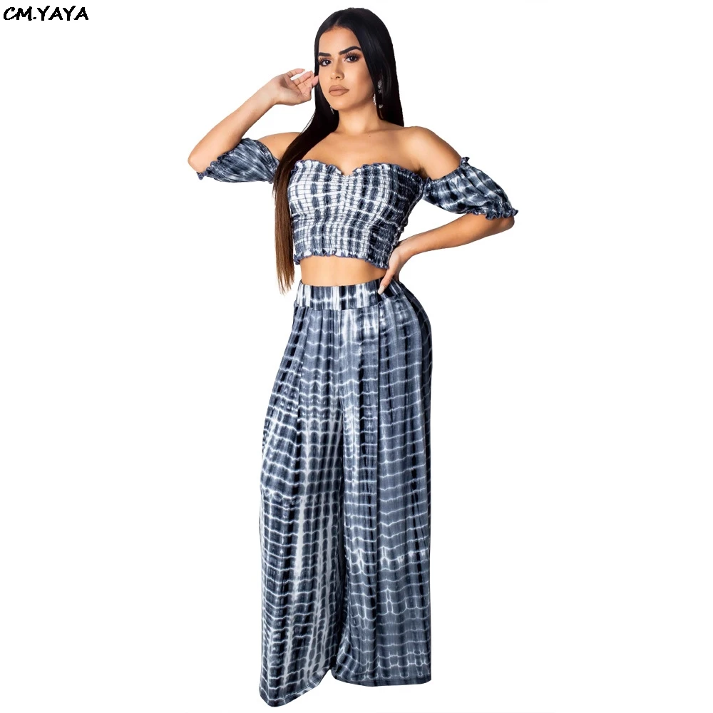 Женский укороченный топ с открытыми плечами широкие брюки комплект из двух