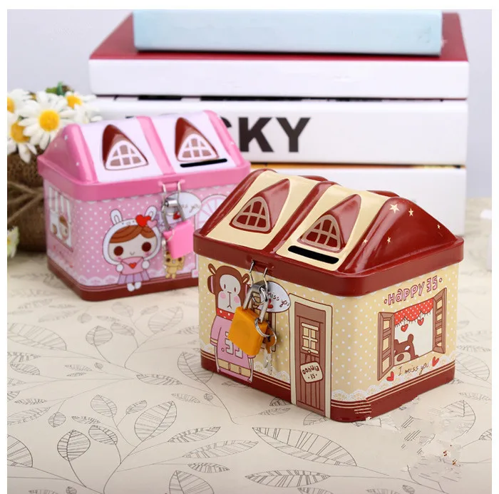 1 шт. маленький оловянный домик милая копилка коробки для денег жестяная банка