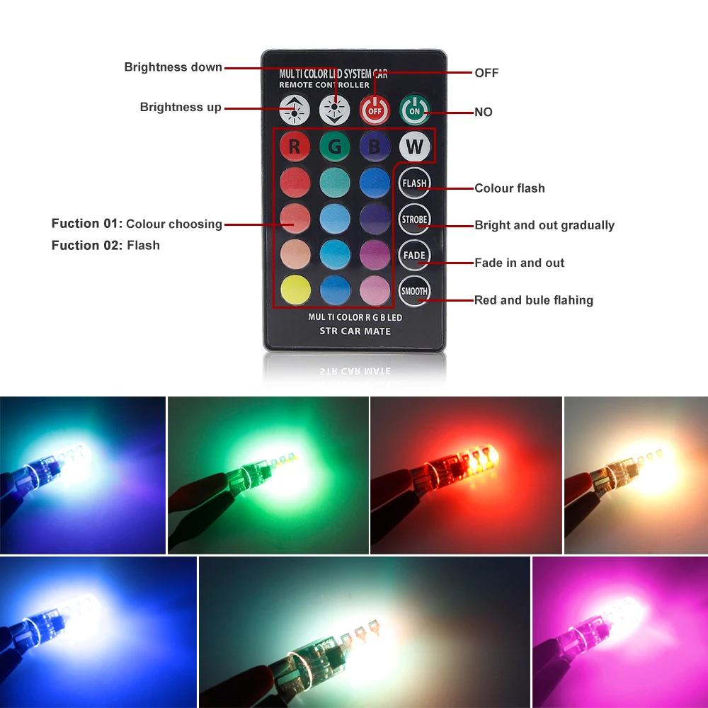 Цветная светодиодная лампа AOTOMONARCH T10 W5W 194 168 RGB с контроллером детской яркости для