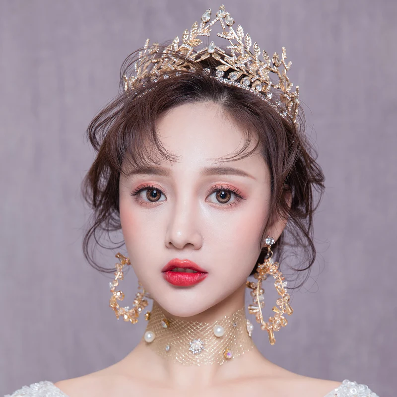 Himstory Luxurious Gold Wedding Crown Tiaras Cubic Zirconia Girls Olive Branch Headband Bridal Hairwear Accessories | Украшения и