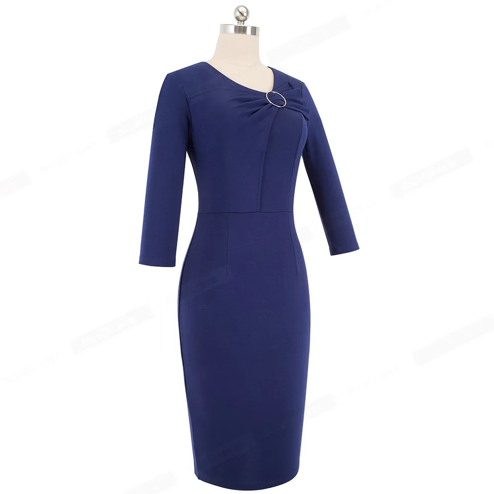 Хорошее-forever винтажное элегантное однотонное платье для работы с бантом vestidos с круглым вырезом деловые вечерние облегающие офисные женские платья B481