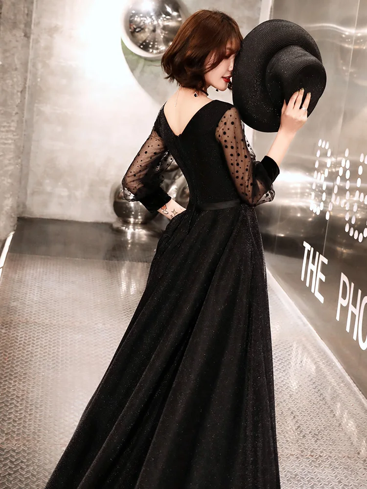 Robe De Soiree блестящее вечернее платье с длинными рукавами Черное в пол v образным
