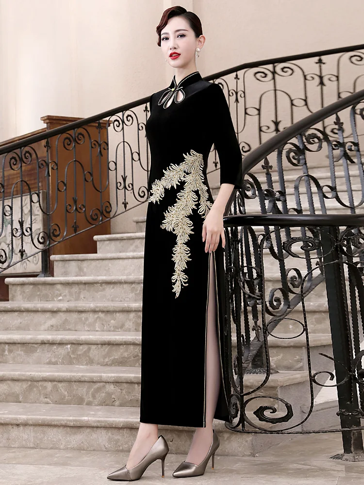 Зима Осень бархат Qipao сексуальный тонкий Сплит Женский Cheonsam Половина рукава Vestidos женский сценический показ китайский стиль платье s-xxl