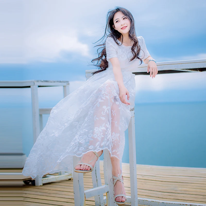 2019 Новое модное женское платье с круглым вырезом и коротким рукавом кружевное