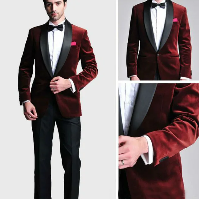 

2018 Navy Blue Back Red Velvet Suit(jacket+pants+tie)New Groom Tuxedos Men Designer Suits Wedding Suit For Men Tuxedos