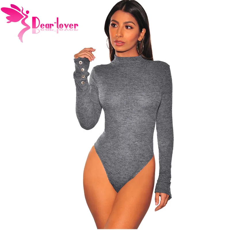 Dear Lover с длинным рукавом кнопкой Mock Neck Bodycon сексуальное боди Черный 2019