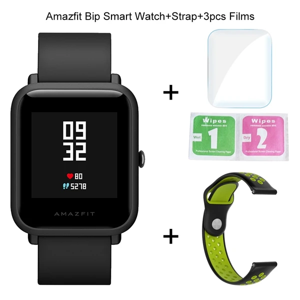 Оригинальные Смарт-часы Xiaomi Amazfit Bip Bit Lite, молодежные, gps, умные часы, IP68, водонепроницаемые, 45 дней, срок службы батареи, глобальная версия - Цвет: Add 1 Strap 3 Films