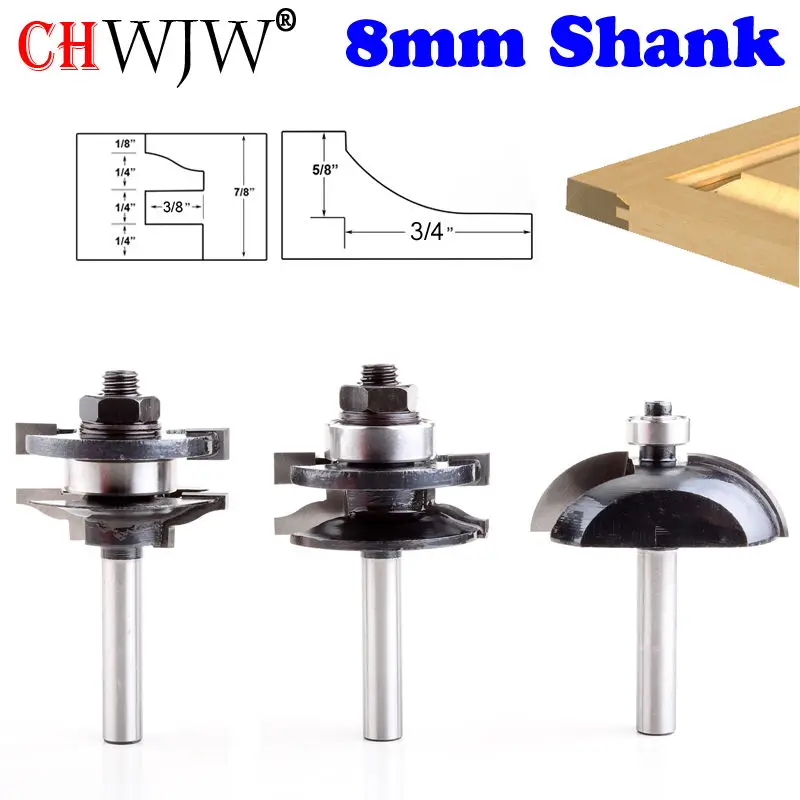 3pcs 8mm Shank Raised Panel Cabinet Door Router Bit Set Woodworking cutter woodworking router bits carbide bit door knife 3pcs 8mm shank big cabinet rail