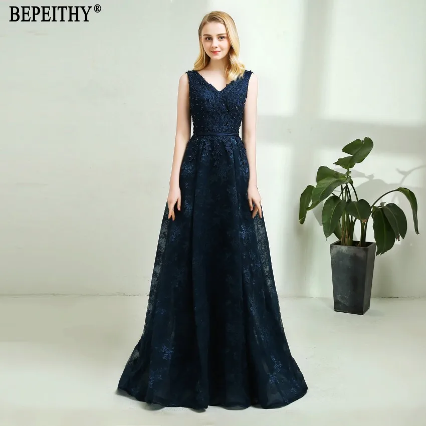 BEPEITHY vestido de festa Новое поступление V образным вырезом темно-синее Кружево Платья на выпускной с бусинами ремень Длинные вечерние платья - Цвет: Тёмно-синий