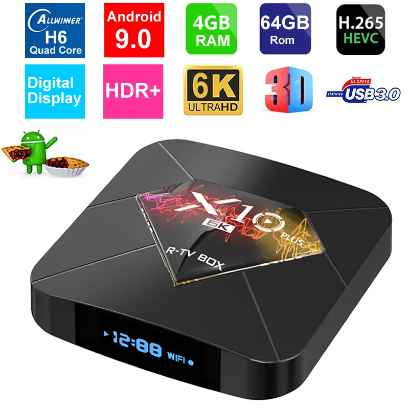 X10 Plus Android 9,0 Smart tv Box Allwinner H6 Четырехъядерный 4 ГБ ОЗУ 64 Гб ПЗУ USB3.0 wifi H.265 HDR 6K разрешение телеприставка